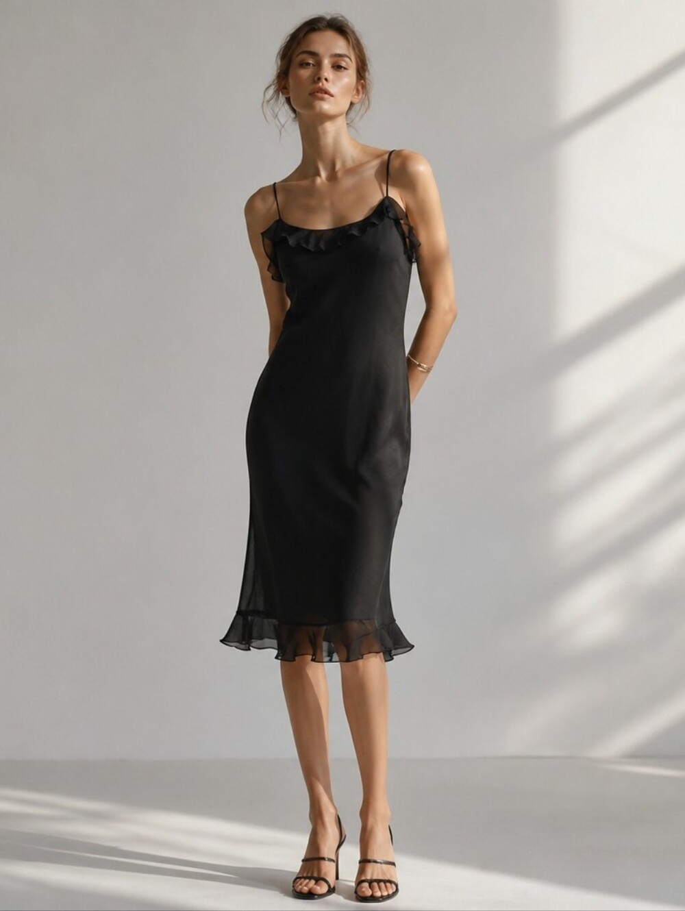 Vintage 90s Y2K Black Chiffon Slip Dress Ruffle Cocktail Romantic Size 6
